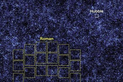 02/03/2023 Esta imagen, que contiene millones de galaxias simuladas esparcidas por el espacio y el tiempo, muestra las zonas que el Hubble (blanco) y Roman (amarillo) pueden captar en una sola instantánea. POLITICA INVESTIGACIÓN Y TECNOLOGÍA NASA'S GODDARD SPACE FLIGHT CENTER AND A. YUNG