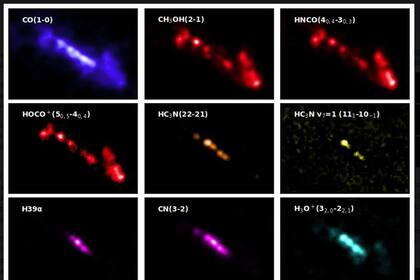 02/04/2024 Extractos del atlas ALCHEMI de NGC 253. Gas molecular (azul), regiones impactadas (rojo), regiones de densidad relativamente alta (naranja), brotes estelares jóvenes (amarillo), brotes desarrollados (magenta) y gas ionizado por rayos cósmicos (cian). POLITICA INVESTIGACIÓN Y TECNOLOGÍA ALMA (ESO/NAOJ/NRAO), N. HARADA ET AL