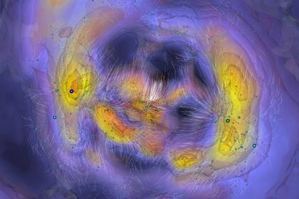 04-02-2022 Corte del universo local que muestra las órbitas que han seguido las galaxias en blanco y los contornos de las regiones de alta densidad en tonos de amarillo anaranjado. La Vía Láctea aparece cerca del centro. POLITICA INVESTIGACIÓN Y TECNOLOGÍA UNIVERSIDAD DE HAWAI