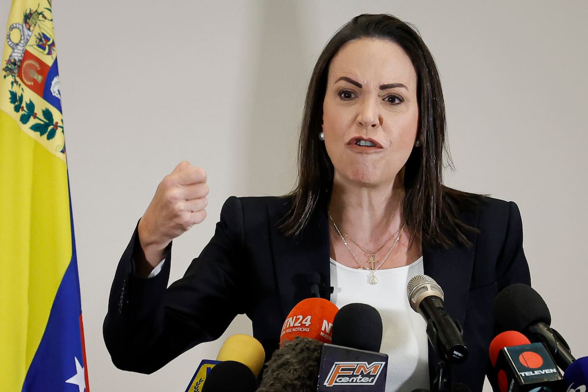 04 July 2023, Venezuela, Caracas: Maria Corina Machado, opposition politician and leader of the Vente Venezuela party, speaks at a press conference. A Venezuelan judicial authority had barred Machado from holding public office. The European Union has criticized the exclusion of the Venezuelan opposition politician from next year's presidential election. Photo: Jesus Vargas/dpa (Photo by Jesus Vargas/picture alliance via Getty Images)