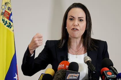 04 July 2023, Venezuela, Caracas: Maria Corina Machado, opposition politician and leader of the Vente Venezuela party, speaks at a press conference. A Venezuelan judicial authority had barred Machado from holding public office. The European Union has criticized the exclusion of the Venezuelan opposition politician from next year's presidential election. Photo: Jesus Vargas/dpa (Photo by Jesus Vargas/picture alliance via Getty Images)