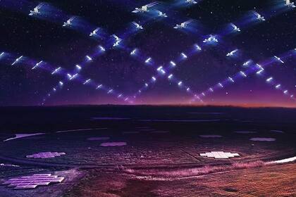 05/07/2023 Impresión artística de una gran constelación de satélites en órbita terrestre baja dando vueltas sobre el telescopio LOFAR. POLITICA INVESTIGACIÓN Y TECNOLOGÍA DANIËLLE FUTSELAAR