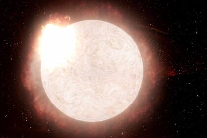 07-01-2022 La interpretación de un artista de una estrella supergigante roja en transición a una supernova de Tipo II, emitiendo una violenta erupción de radiación y gas en su último aliento antes de colapsar y explotar. POLITICA INVESTIGACIÓN Y TECNOLOGÍA W. M. KECK OBSERVATORY/ADAM MAKARENKO