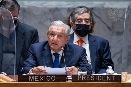 09-11-2021 El presidente de México, Andrés Manuel López Obrador, durante una interveción ante el Consejo de Seguridad de Naciones Unidas POLITICA UN PHOTO/ESKINDER DEBEBE