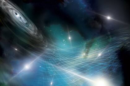 09/08/2023 Interpretación artística de una serie de púlsares afectados por ondas gravitacionales producidas por un binario de agujero negro supermasivo en una galaxia distante. POLITICA INVESTIGACIÓN Y TECNOLOGÍA AURORE SIMONNET, NANOGRAV COLLABORATION
