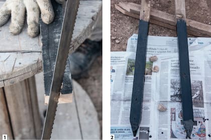 1. Cortar en bisel el extremo que irá enterrado, para facilitar su soterramiento. 2. Pintar sus bases con brea para evitar que se pudran con la humedad de la tierra.