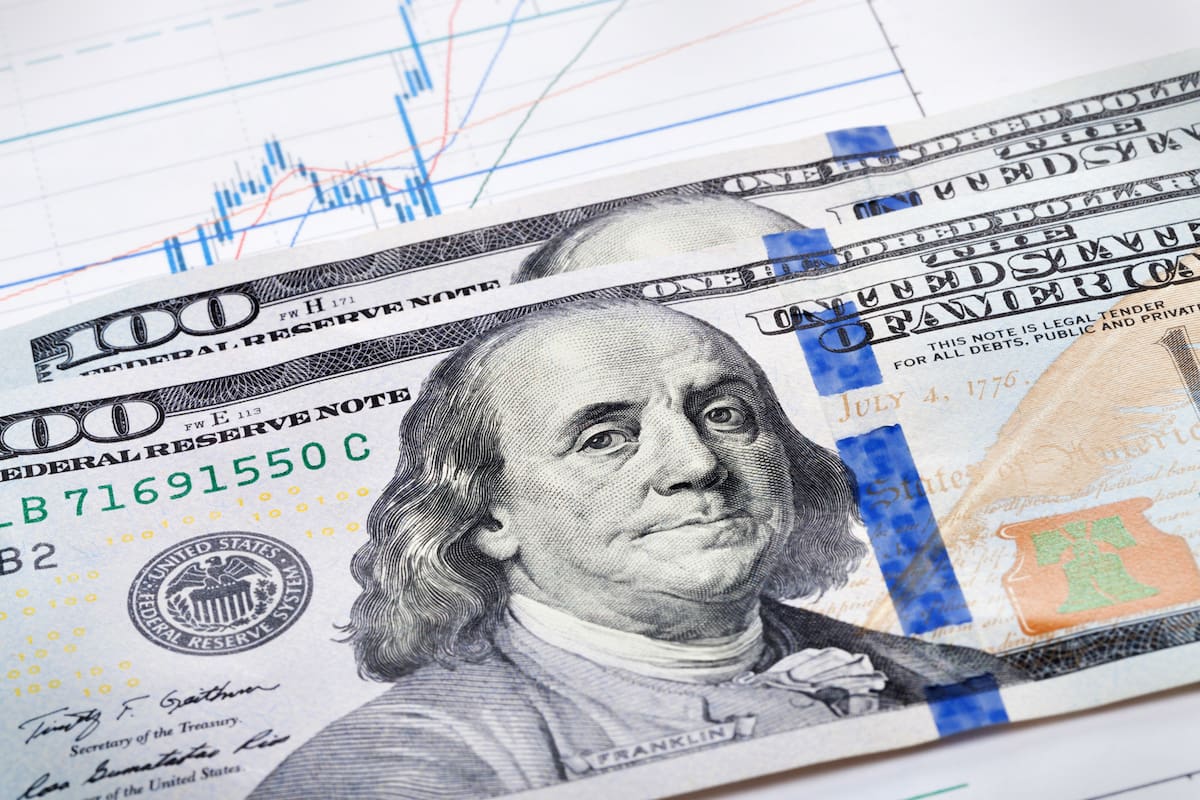 100 USA dollars banknote over stock market chart