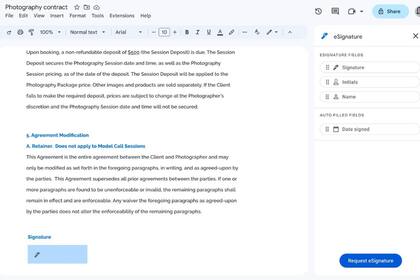 10/08/2023 Google ofrece soporte para firma electrónica en Docs y Drive. Google está introduciendo soporte nativo para la firma electrónica (eSignature) en dos de sus servicios de Google Workspace, Google Docs y Google Drive, una opción disponible en una versión beta abierta para suscriptores. POLITICA INVESTIGACIÓN Y TECNOLOGÍA GOOGLE WORKSPACE
