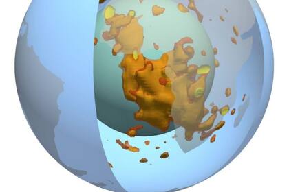 11-03-2022 Vista en 3D de la mancha en el manto de la Tierra debajo de África, mostrada por los colores rojo, amarillo y naranja. El color cian representa el límite entre el núcleo y el manto, el azul representa la superficie y el gris transparente el continente POLITICA INVESTIGACIÓN Y TECNOLOGÍA MINGMING LI/ASU