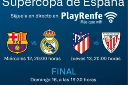 12-01-2022 Renfe retransmitirá la Supercopa de España de fútbol en los trenes AVE y Avlo..  El 12, 13 y 16 de enero emitirá los partidos del torneo en Arabia Saudí en el Canal Live de la aplicación 'PlayRenfe'  ESPAÑA EUROPA MADRID DEPORTES RENFE