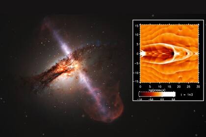 12/07/2024 Una simulación del «corazón y los pulmones» de una galaxia en funcionamiento se muestra insertada en una impresión artística de chorros bipolares de gas que se originan en un agujero negro supermasivo en el centro de una galaxia. POLITICA INVESTIGACIÓN Y TECNOLOGÍA ESA/HUBBLE, L. CALÇADA (ESO) / C RICHARDS