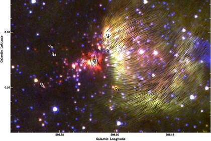 13/01/2023 Las orientaciones del campo magnético de BYF 73, derivadas de los datos de SOFIA, se superponen a una imagen compuesta de la región tomada por el telescopio espacial Spitzer y el telescopio anglo-australiano. POLITICA INVESTIGACIÓN Y TECNOLOGÍA NASA/SPITZER/SOFIA/ALMA