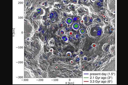 14/09/2023 Mapa de la región del polo sur con la edad de las zonas permanentemente sombreadas. Las edades del PSR están indicadas en la leyenda y los ángulos entre paréntesis son la elevación máxima del Sol sobre el polo sur. POLITICA INVESTIGACIÓN Y TECNOLOGÍA NORBERT SCHORGHOFER/PSI.