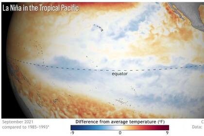 15-10-2021 Así es como se ve La Niña: las temperaturas de la superficie del mar más frías que el promedio a lo largo del ecuador es indicativo de La Niña en el Océano Pacífico tropical en septiembre de 2021. POLITICA INVESTIGACIÓN Y TECNOLOGÍA NOAA
