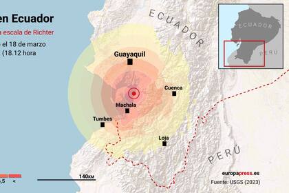 18/03/2023 Mapa que representa la localización del terremoto de 6,7 de magnitud en la escala de Richter que ha sacudido este sábado la costa del Pacífico ecuatoriano. SOCIEDAD Europa Press