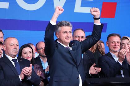 18/04/2024 El primer ministro de Croacia, Andrej Plenkovic, tras la victoria de su formación, la Unión Democrática Croata (HDZ), en las elecciones legislativas POLITICA HDZ