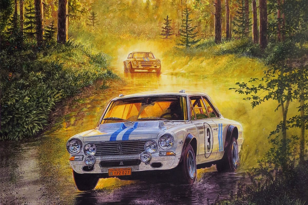 1969. Un reflejo fiel, en el arte de Jorge García, de la mítica hazaña de los Torino de Fangio y Berta en el impiadoso Infierno verde
alemán