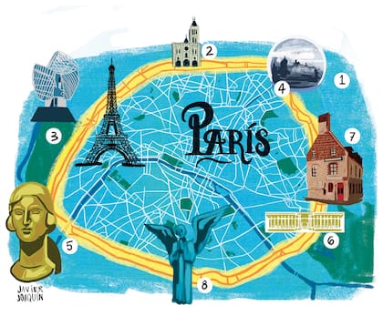 1?Canal de lOurcq y Centre National de la Danse 2? Basilique Cathédrale de Saint-Denis 3? Bois de Boulogne y Fondation Louis Vuitton 4? Parc de la Villette y Philharmonie de Paris 5? Musée des Années Trente 6? Bois de Vicennes y Musée de lHistoire de lImmigration 7? Barrio Montreuil 8? Barrio Gentil