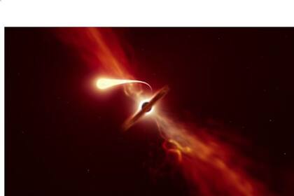20/01/2023 Esta ilustración muestra una estrella (en primer plano) que experimenta una espaguetización al ser succionada por un agujero negro supermasivo (en segundo plano) durante un "evento de disrupción de marea". POLITICA INVESTIGACIÓN Y TECNOLOGÍA ESO/M. KORNMESSER