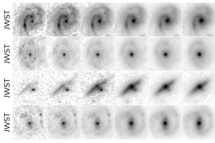 22/09/2023 Imágenes de JWST de las galaxias similares a la Vía Láctea recién descubiertas vistas en el universo primitivo. Cada fila muestra una galaxia diferente tal como se observa en las diferentes longitudes de onda infrarrojas donde JWST toma datos de imágenes. POLITICA INVESTIGACIÓN Y TECNOLOGÍA L. FERREIRA, C. CONSELICE