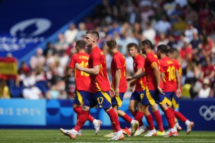 24/07/2024 El jugador de la selección olímpica española Sergio Gómez celebra su gol en el triunfo de España contra Uzbekistán (1-2) en la primera jornada del torneo de Paris 2024 DEPORTES RFEF