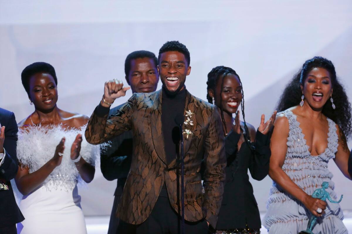 25th Screen Actors Guild Awards - Show - Los Angeles, California, U.S., January 27, 2019 - Cast member Chadwick Boseman speaks in front of the cast of Black Panther after the film won Outstanding Performance by a Cast in a Motion Picture. REUTERS/Mike Blake
