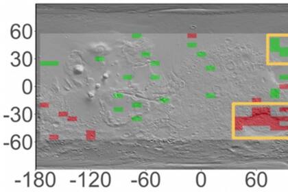 27-09-2021 Mapa de Marte con topografía superpuesta que indica áreas con variaciones estacionales significativas en el contenido de hidrógeno POLITICA INVESTIGACIÓN Y TECNOLOGÍA G. MARTÍNEZ.