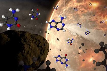 27/04/2022 Imagen conceptual de meteoroides entregando nucleobases a la Tierra antigua. Las nucleobases están representadas por diagramas estructurales con átomos de hidrógeno como esferas blancas, carbono como negro, nitrógeno como azul y oxígeno como rojo. POLITICA INVESTIGACIÓN Y TECNOLOGÍA NASA GODDARD/CI LAB/DAN GALLAGHER