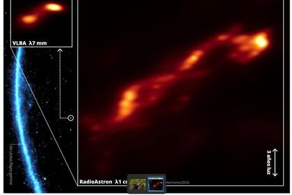 27/10/2023 Imagen de alta resolución del chorro relativista en el blázar 3C 279 obtenida con RadioAstron. POLITICA INVESTIGACIÓN Y TECNOLOGÍA NASA/DOE/FERMI LAT COLLABORATION/FUENTES ET AL.