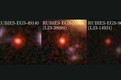 28/06/2024 Los investigadores estudiaron tres objetos misteriosos del universo primitivo. Aquí se muestran sus imágenes en color, compuestas a partir de tres bandas de filtros NIRCam a bordo del telescopio espacial James Webb.. El telescopio espacial Webb (JWST) ha confirmado que los objetos luminosos y muy rojos detectados en el universo primitivo ponen en tela de juicio el pensamiento convencional sobre los orígenes y la evolución de las galaxias y sus agujeros negros supermasivos. POLITICA INVESTIGACIÓN Y TECNOLOGÍA PENN STATE.