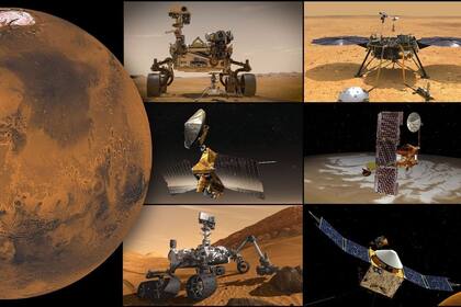 29-09-2021 Misiones de la NASA a Marte, en el sentido de las agujas del reloj desde la parte superior izquierda: rover Perseverance y helicóptero Ingenuity, módulo de aterrizaje InSight, orbitador Odyssey, orbitador MAVEN, rover Curiosity y Mars Reconnaissance POLITICA INVESTIGACIÓN Y TECNOLOGÍA NASA/JPL-CALTECH