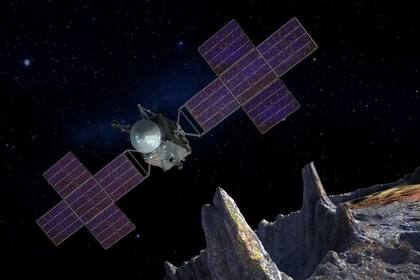 29/09/2023 Ilustración conceptual del artista que representa la nave espacial de la misión Psyche de la NASA cerca del objetivo de la misión, el asteroide metálico Psyche. POLITICA INVESTIGACIÓN Y TECNOLOGÍA NASA