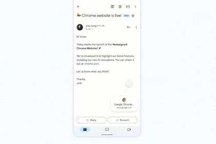 30/05/2024 Pestaña de Chrome visible como ventana emergente en la aplicación Gmail. Google busca facilitar la transición entre la navegación web y las aplicaciones con un formato que mantiene presente la pestaña abierta en Chrome a modo de ventana emergente. POLITICA INVESTIGACIÓN Y TECNOLOGÍA GOOGLE