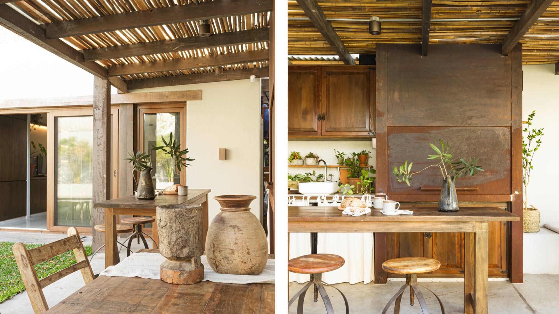 Un jardín chico con pileta, galería, parrilla, fogonero y también estilo