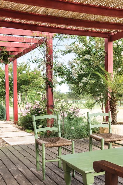 Pérgola con rosales blancos, lavandas y gauras. Cuando crezca la parra sumará su sombra.