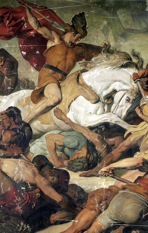 Escena de la serie Bárbaros en la que aparece Varo (a la izquierda) y Arminio, áun vestido como romano (a la derecha)