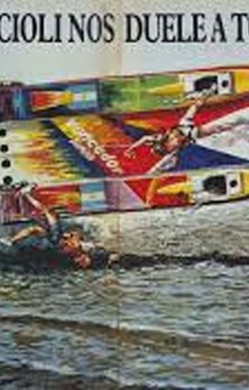 Ilustración del accidente de Daniel Scioli en la revista El Gráfico; fue en el río Paraná, a la altura de Ramallo, el 4 de diciembre de 1989