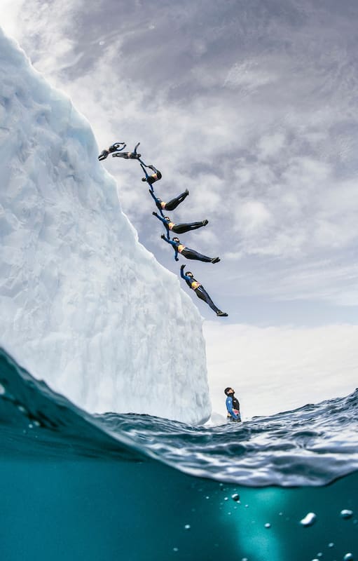 Riesgo Guinnes. Saltó en la Antártida desde un iceberg de 25 metros de altura