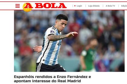 A Bola, el diario deportivo más importante de Portugal, refleja el interés de Real Madrid en Enzo Fernández