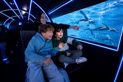 A bordo de un Simulador con tecnología E-motion, los tripulantes viajan en submarino para navegar en el Mar Argentino junto a ballenas, delfines, pingüinos, orcas y otras criaturas marinas en sus hábitats naturales