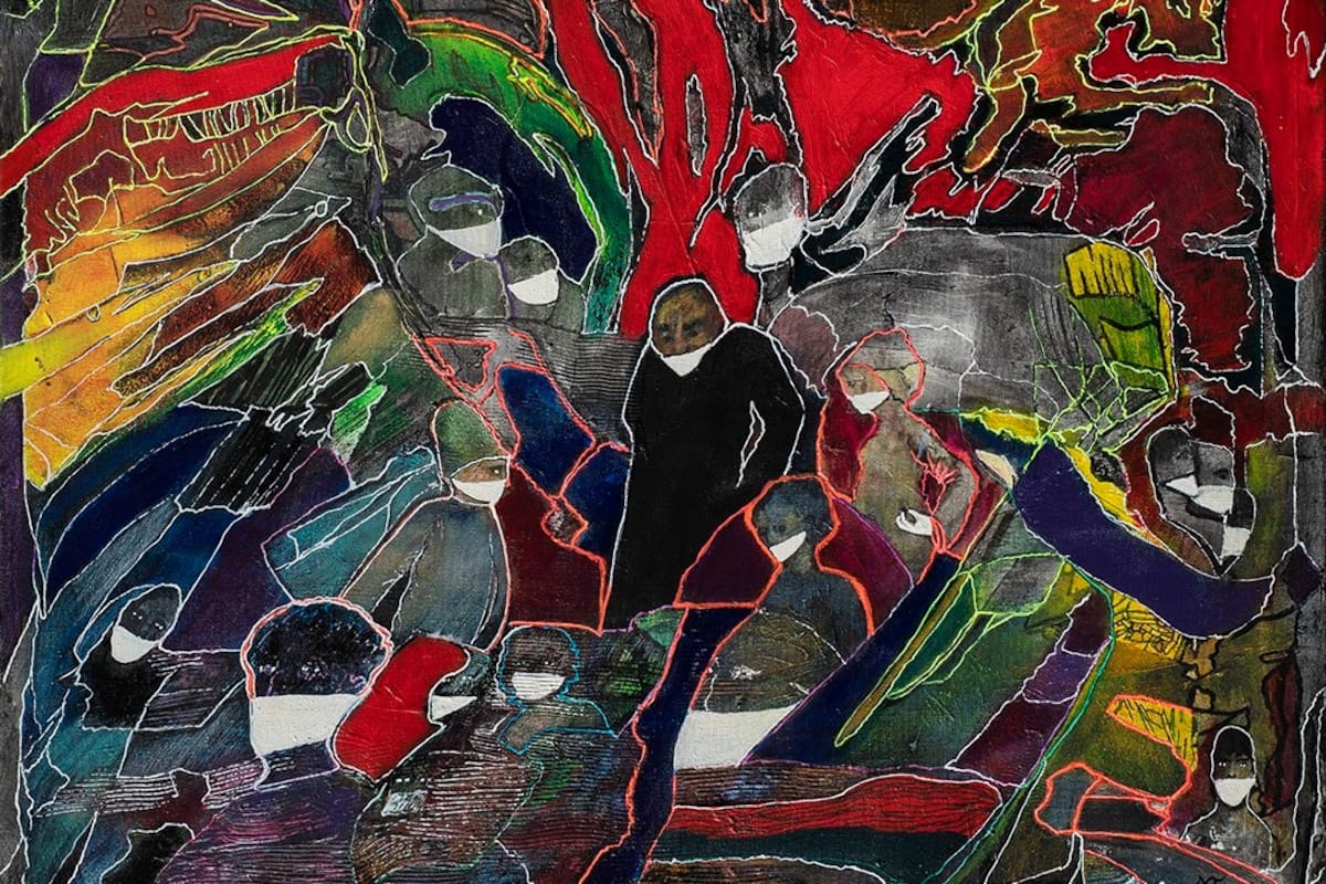 A cara tapada (detalle), obra de Luis Felipe Noé realizada durante la cuarentena, que se exhibe en la galería Rubbers