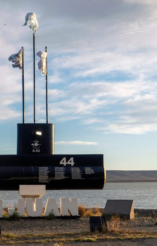A cenotaph bearing the names of the 44 members of the Argentine Navy who died during the sinking of the ARA San Juan submarine on November 15, 2017, is photographed in Río Gallegos, Santa Cruz province, Argentina on March 3, 2026, the day the trialof four former high-ranking Navy officers starts. Argentina opens a trial on March 3 into a submarine implosion that killed 44 sailors in November 2017, the country's worst naval disaster in decades, and whose circumstances remain unclear. (Photo by WALTER DIAZ / AFP)