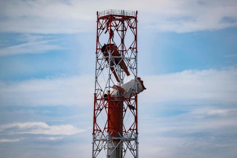 A damaged chimney is seen at Nippon Paper Industries' Yatsushiro Mill in Yatsushiro, Kumamoto prefecture on July 29, 2026, after an earthquake struck southwestern Japan the previous day. (Photo by Yuichi YAMAZAKI / AFP)