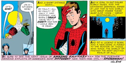 A diferencia de las películas, la popular frase de Spider-Man no es enunciada por el Tío Ben, sino por el narrador