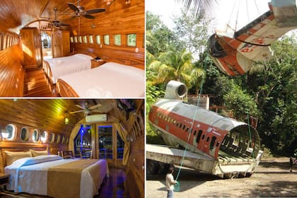 A la derecha el momento en que trasladaron las piezas del fuselaje del avión, y a la izquierda las habitaciones por dentro ya renovado