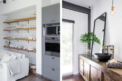 A la derecha; en el toilette la madera está presente en el mueble de anchico, diseñado por Jimena. Revestimiento Subway’ (Barugel). Grifería de bronce (Robinet). Espejo (@cousy_home) Jabones (Saponarium).