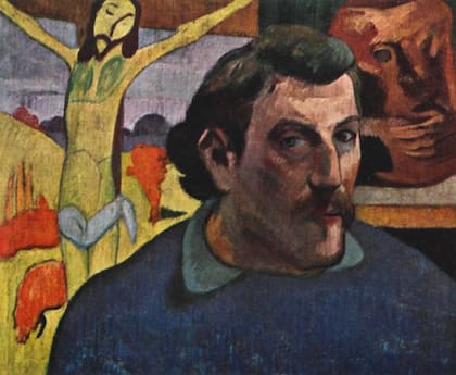 A la derecha, en su "Autorretrato con Cristo amarillo" (1889), un autorretrato en cerámica al estilo mochica
