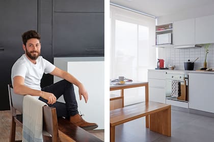 El arq. Ariel Kitay. En la cocina, alacena y bajomesada termoformados con puertas push y mesada de Silestone.