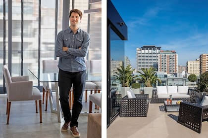 A la izq., el arq. Guido Cammilli. A la der., terraza con mesa, sillones y reposeras ‘Rattan’ (Ars)