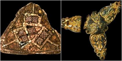 A la izquierda, broche triangular con mosaico de vidrio y esmalte dorado procedente de Irlanda o Inglaterra. A la derecha, broche de trébol